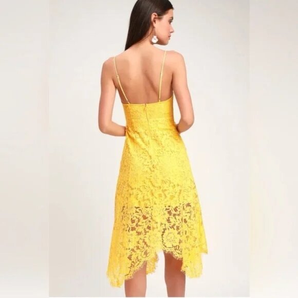 Lulus Womens One Wish Yellow Lace Midi Dress - Picture 2 of 11